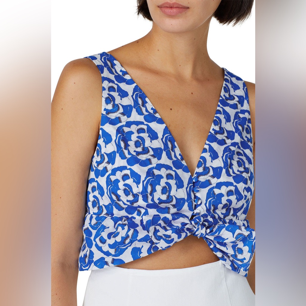 Thakoon X Rtr Blue Floral Ruffle Crop Top Cotton Sleeveless V-Neck Size 10